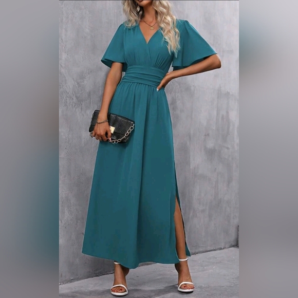 NEW Chic Ruched Waist Flutter Sleeve Maxi Dress Teal Green Blue - Picture 3 of 9